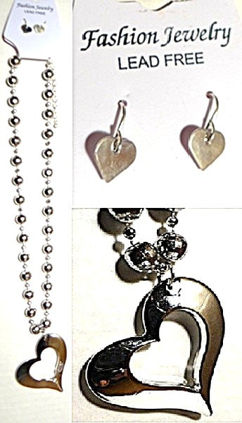 Silver-Tone Heart Pendant Necklace with Matching Earrings Set