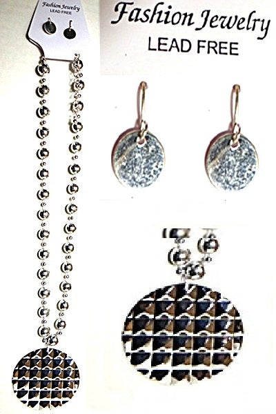 Silver-Tone Circular Pendant Necklace with Matching Earrings Set