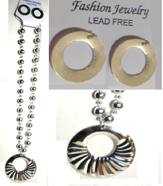 Silver-Tone Circular Pendant Necklace with Matching Earrings Set