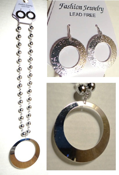 Silver-Tone Oversized Circular Pendant Necklace with Matching Earrings Set