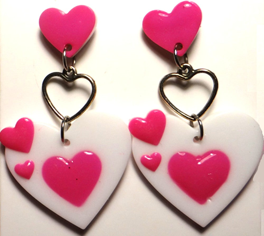 Pink Hearts on White Heart Base Earring Set