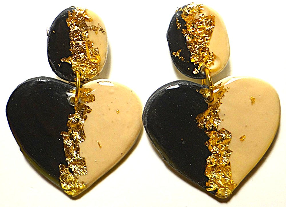 Black and Beige Heart Earring Set