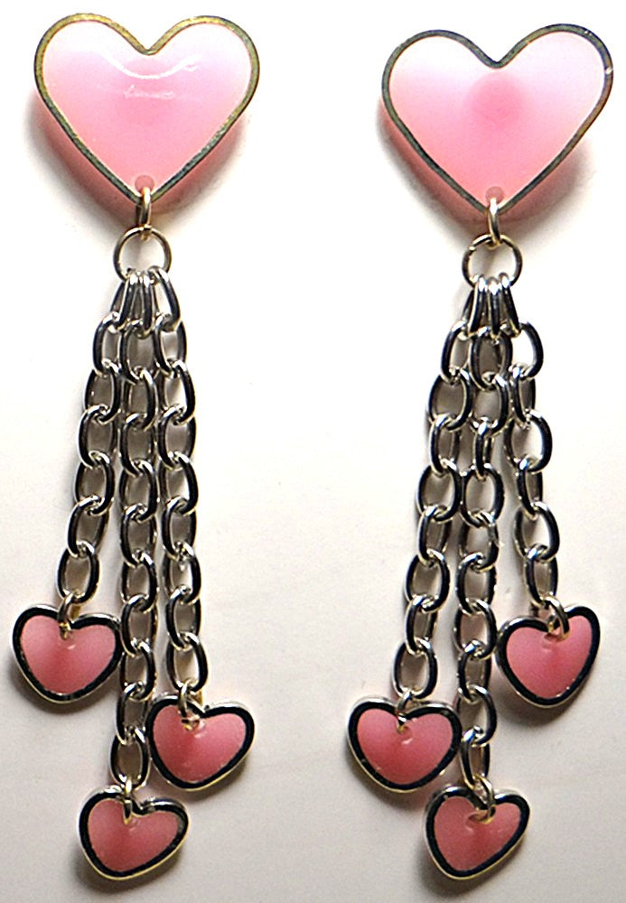 Pink Hearts with Silver-Tone Chains Earring Set