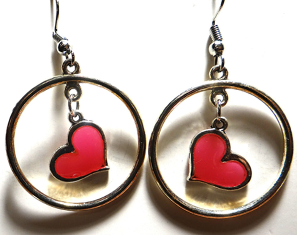 Silver-Toned Hoop with Pink Heart Charm Earring Set