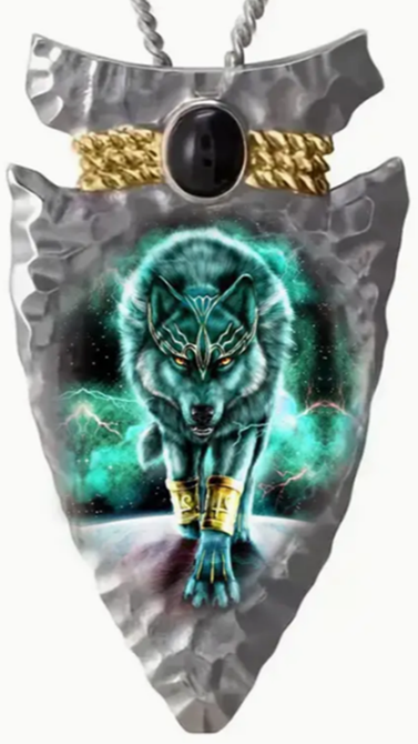 Majestic Wolf Arrowhead Pendant
