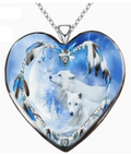 Three White Wolves Heart Pendant