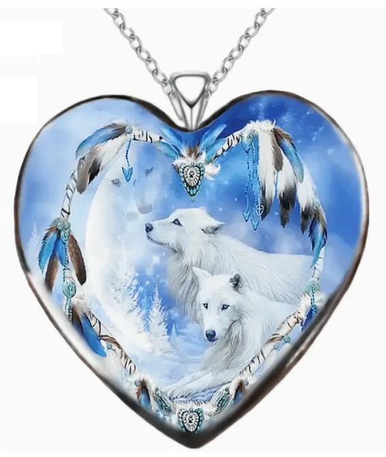 Three White Wolves Heart Pendant