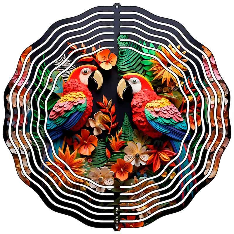 Two Parrots with Flowers Novelty Metal Wind Spinner 10" Spinner (WCS)