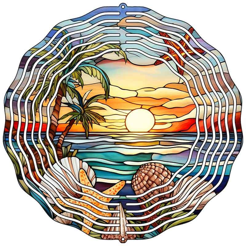 Ocean Sunset Palm Tree Stained Glass Novelty Metal Wind Spinner 10" Spinner (WCS)