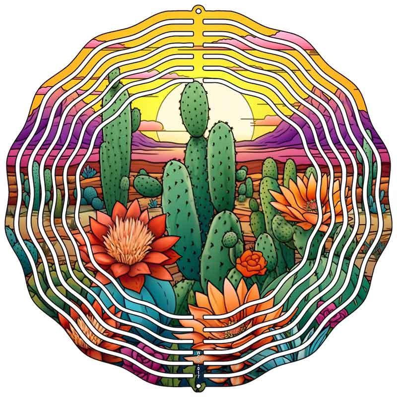 Desert Sunset with Cactus and Flowers Novelty Metal Wind Spinner 10" Spinner (WCS)
