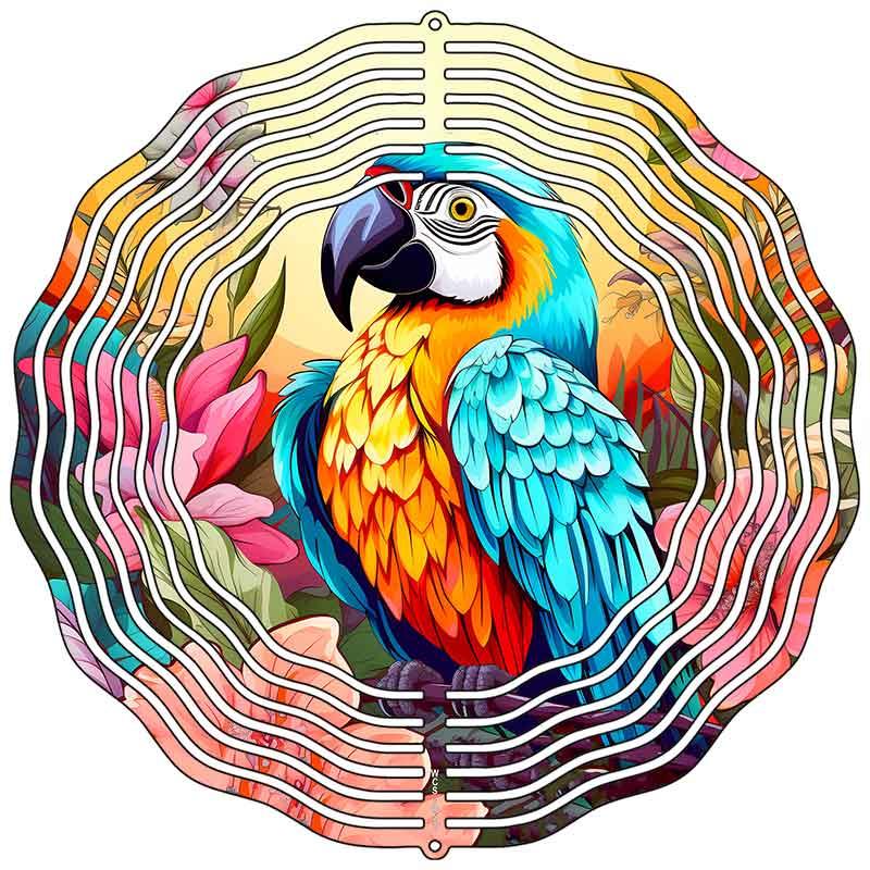 Parrot in Flowers Novelty Metal Wind Spinner 10" Spinner (WCS)