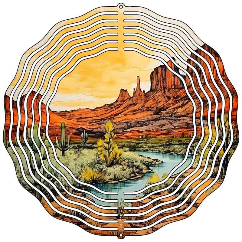 Desert Sunset with River Novelty Metal Wind Spinner 10" Spinner (WCS)