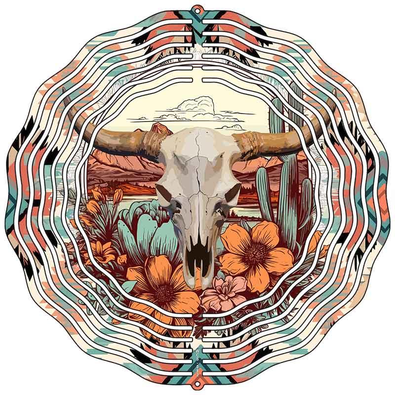 Native American Skull Novelty Metal Wind Spinner 10" Spinner (WCS)