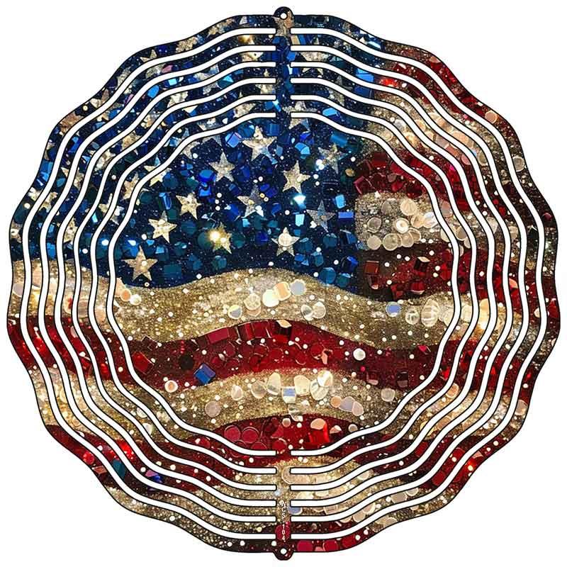 Glittery American Flag Novelty Metal Wind Spinner 10" Spinner (WCS)