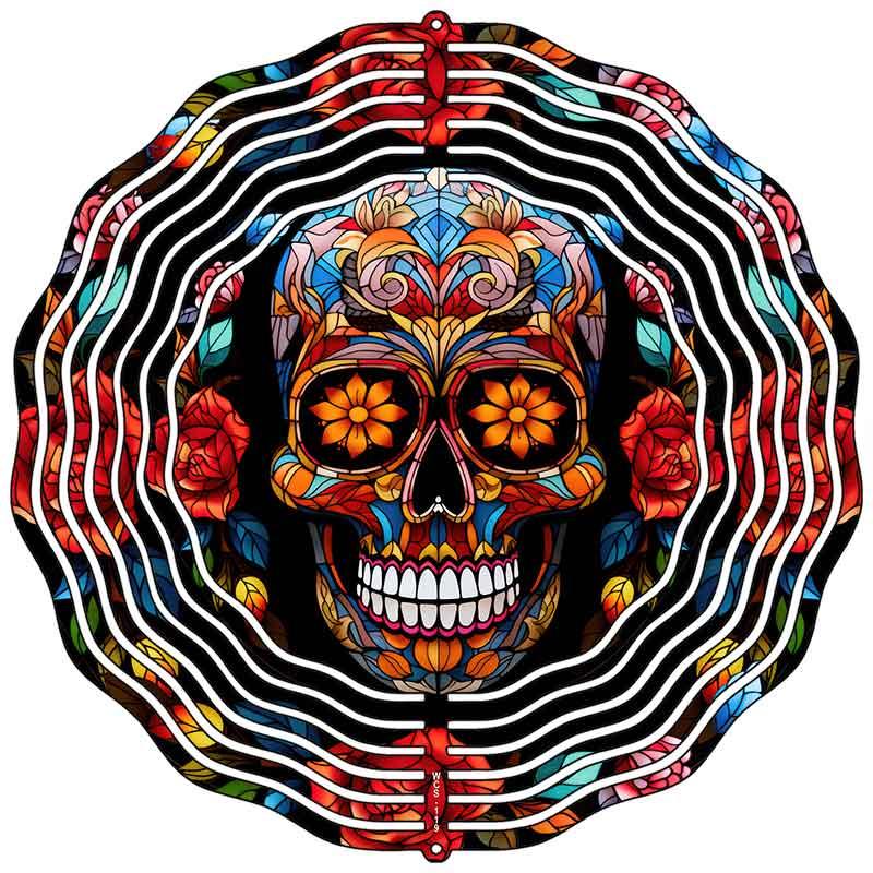 Sugar Skull with Roses Novelty Metal Wind Spinner 10" Spinner (WCS)