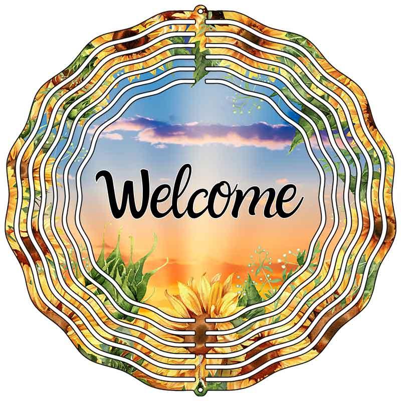 Welcome Sunflowers Novelty Metal Wind Spinner 10" Spinner (WCS)