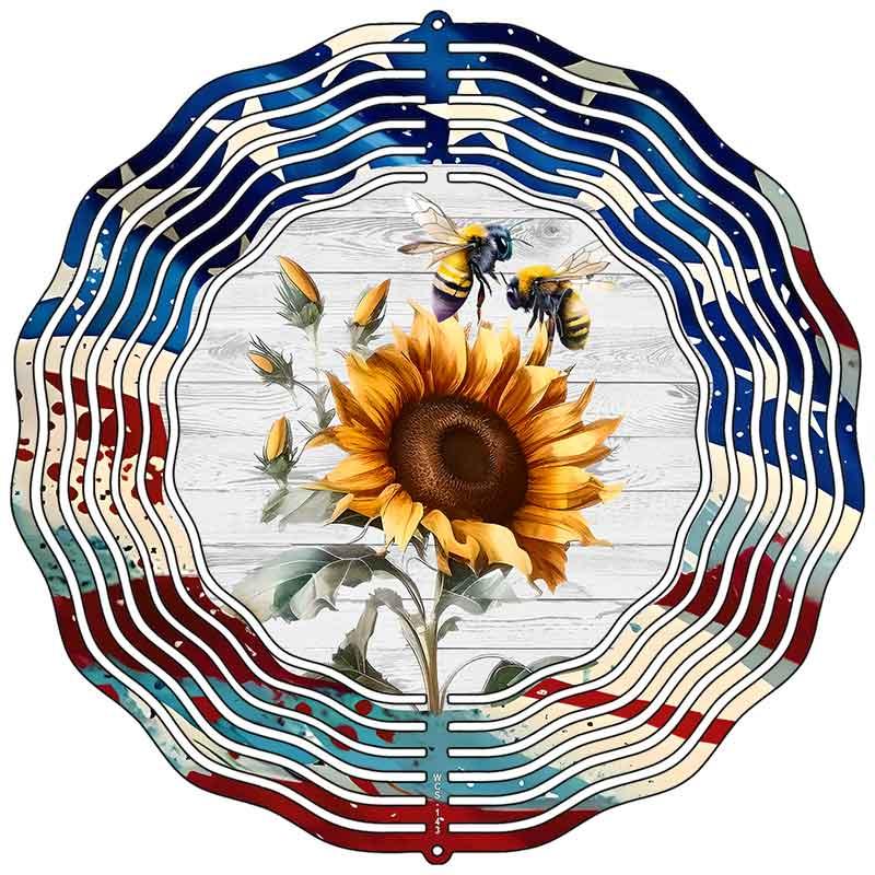 Sunflower with American Flag Novelty Metal Wind Spinner 10" Spinner (WCS)