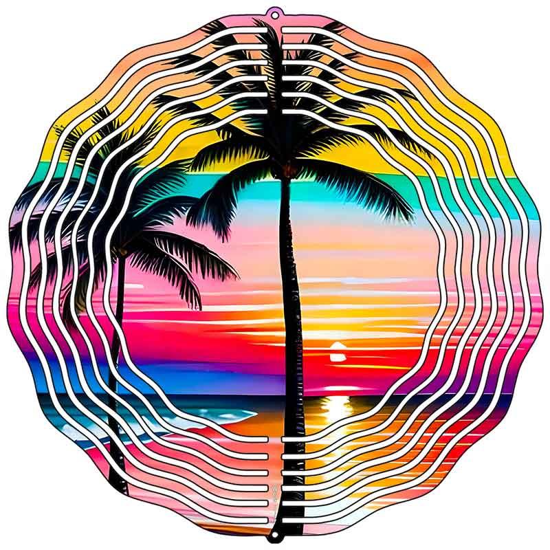 Palms and Ocean Sunset Novelty Metal Wind Spinner 10" Spinner (WCS)