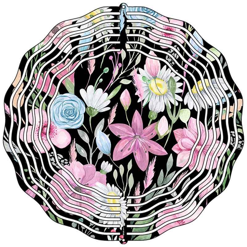 Flowers on Black Novelty Metal Wind Spinner 10" Spinner (WCS)