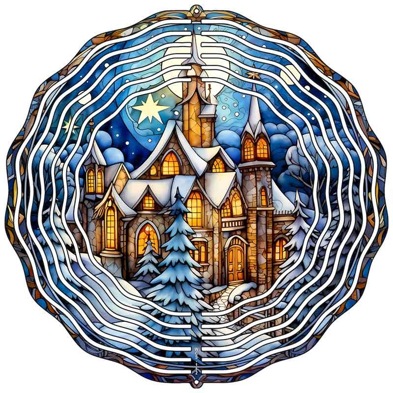 Lit Up Winter House in Snow Novelty Metal Wind Spinner 10" Spinner (WCS)