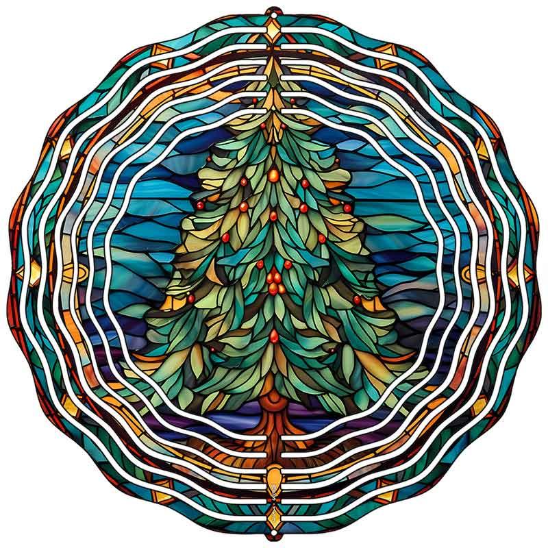 Christmas Tree Stained Glass Novelty Metal Wind Spinner 10" Spinner (WCS)