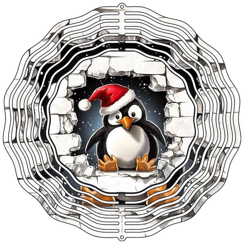 Christmas Penguin Brick Novelty Metal Wind Spinner 10" Spinner (WCS)