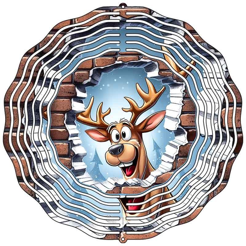Reindeer Snowie Brick Wall Novelty Metal Wind Spinner 10" Spinner (WCS)