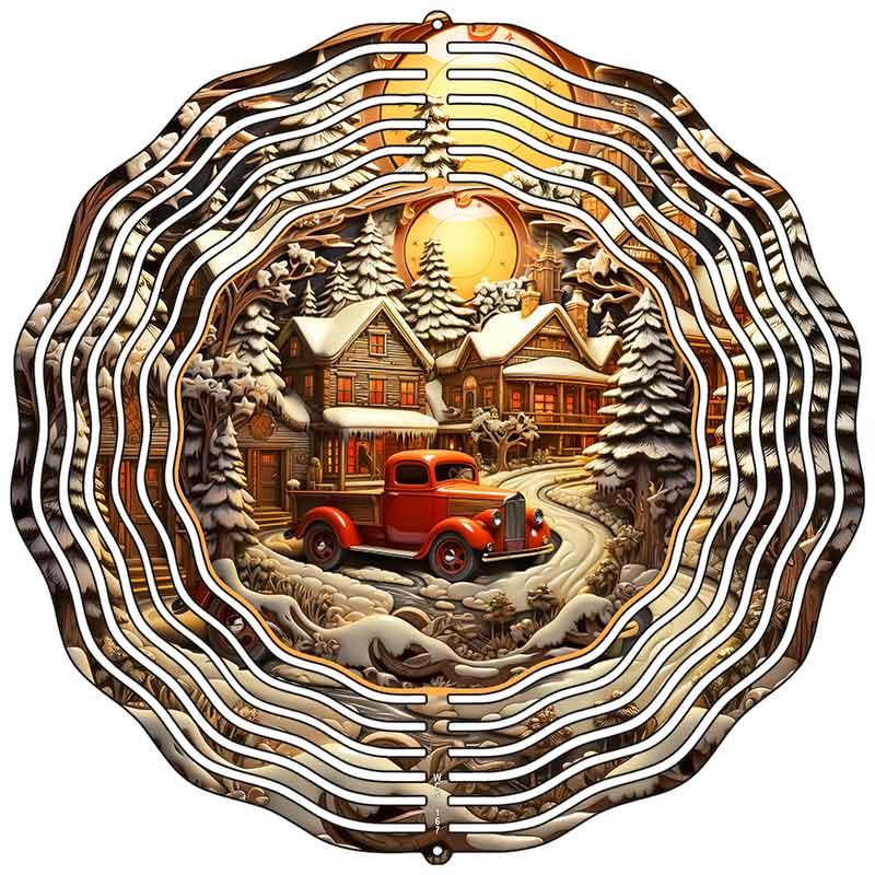 Red Pickup Christmas Scene Novelty Metal Wind Spinner 10" Spinner (WCS)