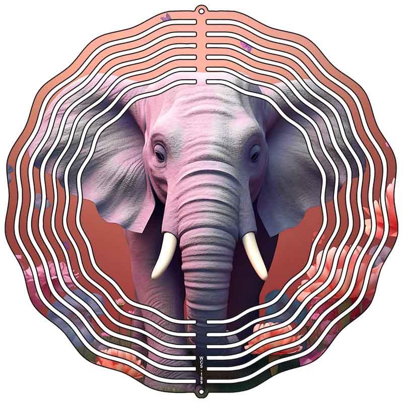 Elephant with Grass and Flowers Novelty Metal Wind Spinner 10" Spinner (WCS)
